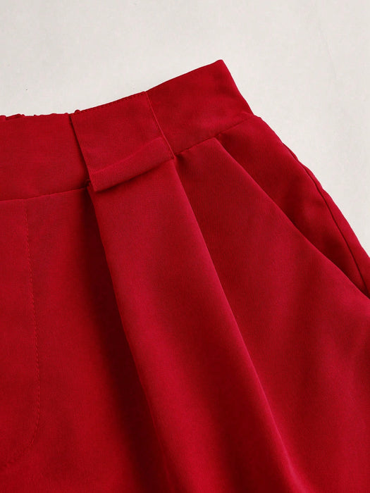 Shein BamGleam Pantalones cortos de mujer de color liso, plisados, de pierna recta y con bolsillos