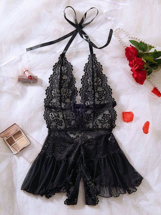SHEIN Seduluxe Body de peluche con volantes en el bajo y encaje floral