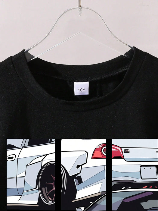 Shein Conjunto de camiseta de manga corta con cuello redondo y pantalón corto para niños preadolescentes con estampado gráfico de coches