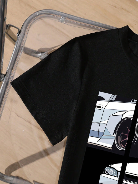 Shein Conjunto de camiseta de manga corta con cuello redondo y pantalón corto para niños preadolescentes con estampado gráfico de coches