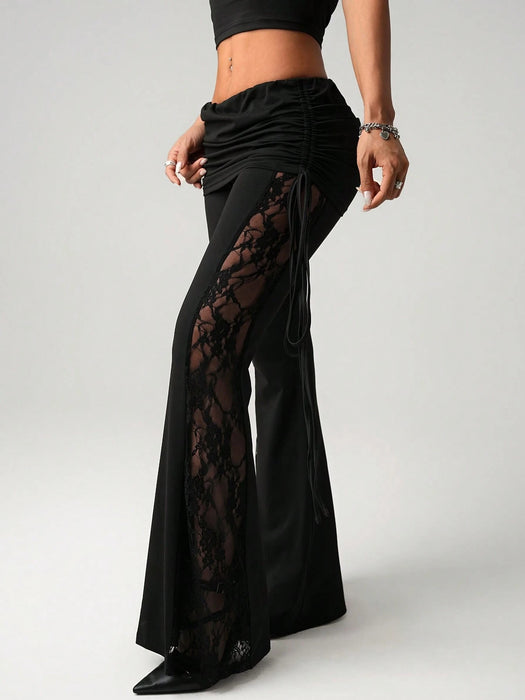 SHEIN ICON Pantalones seductores con cordón en la cintura, volantes y paneles de encaje negro