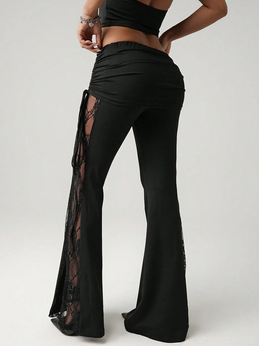 SHEIN ICON Pantalones seductores con cordón en la cintura, volantes y paneles de encaje negro