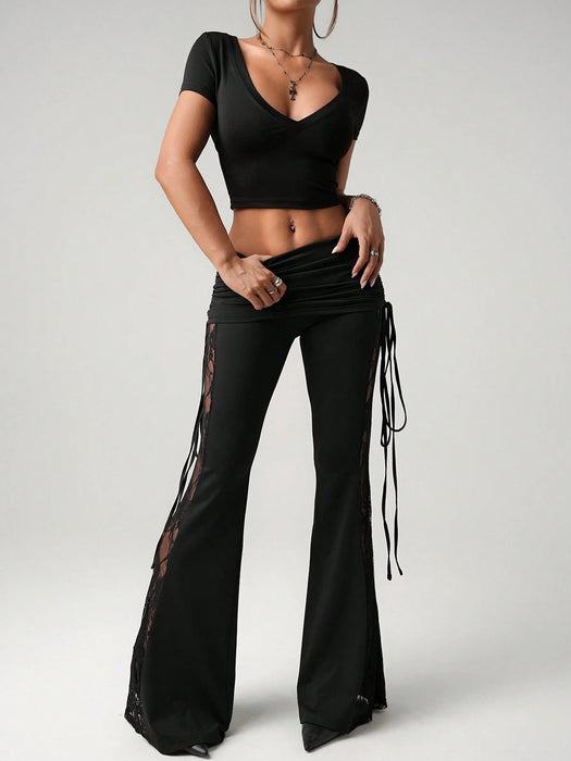 SHEIN ICON Pantalones seductores con cordón en la cintura, volantes y paneles de encaje negro