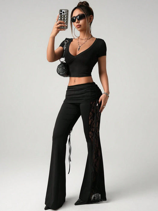 SHEIN ICON Pantalones seductores con cordón en la cintura, volantes y paneles de encaje negro