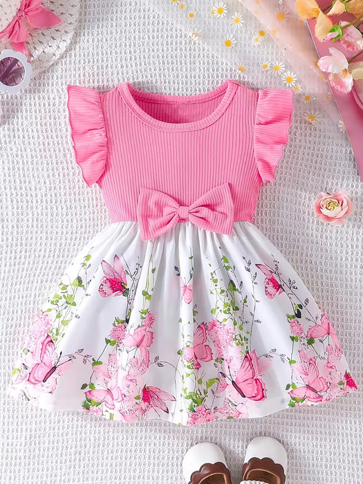 Vestido de verano para niña, mangas con volantes y adorno de lazo en la cintura