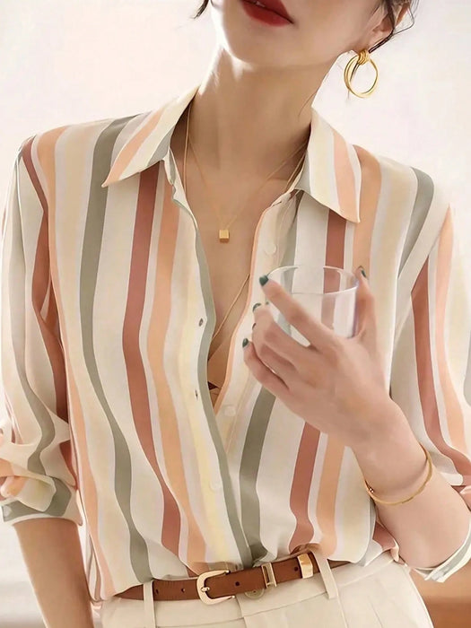 SHEIN Blusa holgada de manga larga para mujer, camisa de rayas con botones