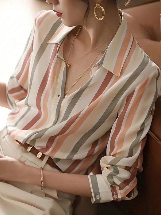 SHEIN Blusa holgada de manga larga para mujer, camisa de rayas con botones