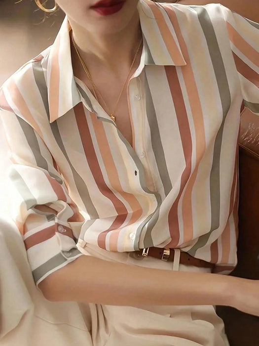 SHEIN Blusa holgada de manga larga para mujer, camisa de rayas con botones