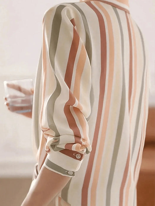 SHEIN Blusa holgada de manga larga para mujer, camisa de rayas con botones