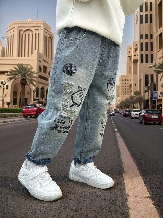 Shein Pantalones vaqueros desgastados bordados con bolsillos rotos
