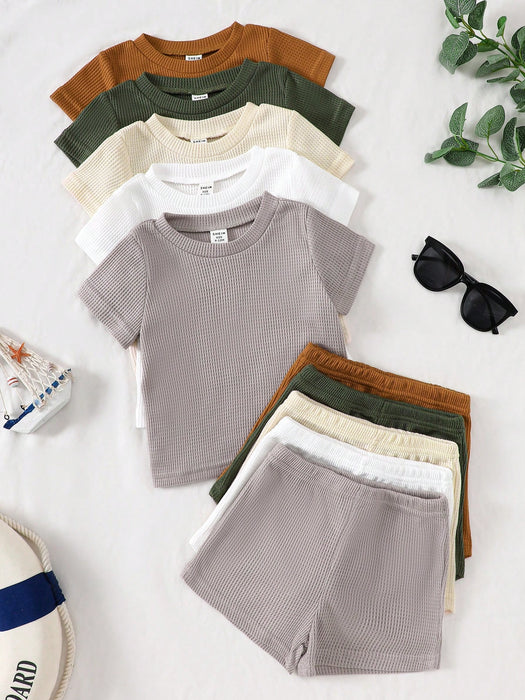 Shein Playful Pals Conjunto de 5 piezas para niños camisetas de manga corta de punto texturizado y pantalones cortos