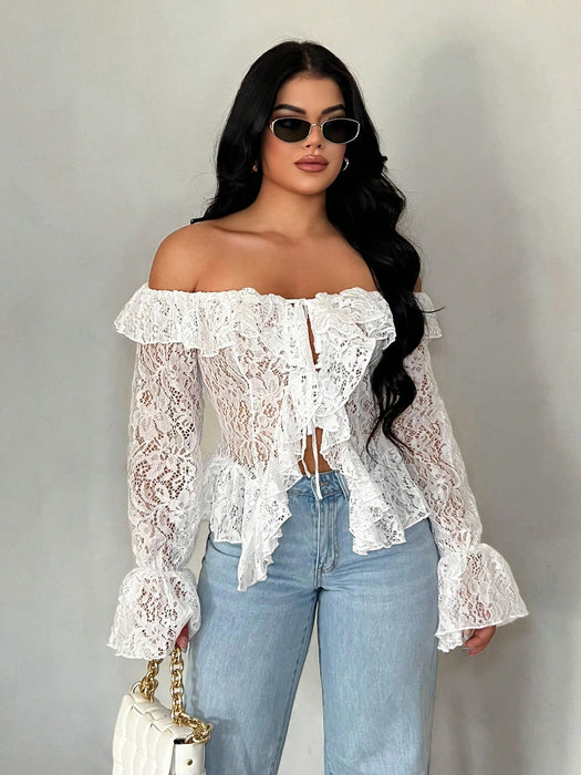 SHEIN SXY Blusa blanca transparente de encaje de manga larga