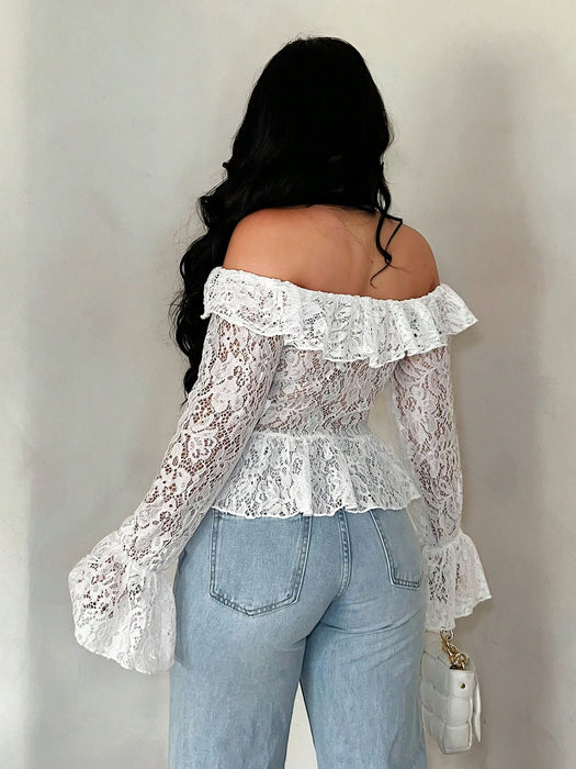 SHEIN SXY Blusa blanca transparente de encaje de manga larga