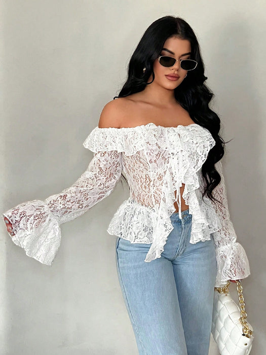 SHEIN SXY Blusa blanca transparente de encaje de manga larga