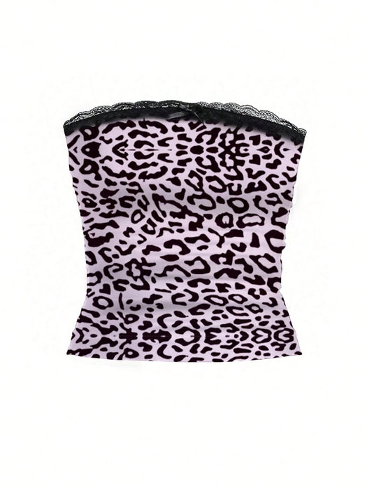 Shein QUELARIE Conjunto de 2 piezas para mujer: top sin tirantes y shorts con estampado de leopardo