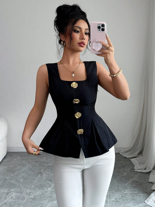 SHEIN Elenzga Camisa Con Botones Metálicos Grandes Lazo Ajustado Sin Mangas Color Liso para Mujer