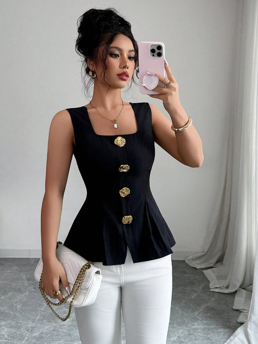 SHEIN Elenzga Camisa Con Botones Metálicos Grandes Lazo Ajustado Sin Mangas Color Liso para Mujer