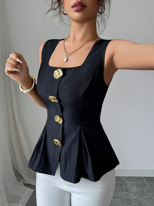 SHEIN Elenzga Camisa Con Botones Metálicos Grandes Lazo Ajustado Sin Mangas Color Liso para Mujer