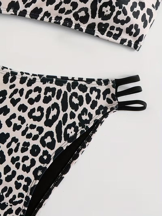 Conjunto de Traje de Baño para Mujer con Estampado de Leopardo y Detalle de Cordones