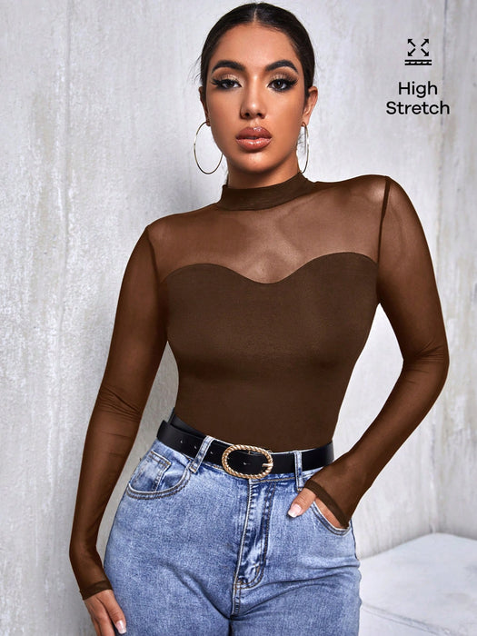 Shein Firerie Camiseta de manga larga marrón oscuro con canesú de malla para mujer