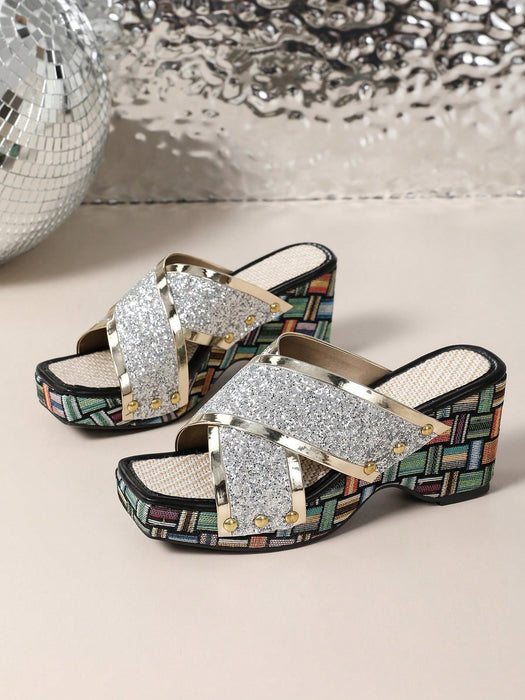 Shein Sandalias sin cordones de lona para mujer con tiras cruzadas y decoración de pedrería