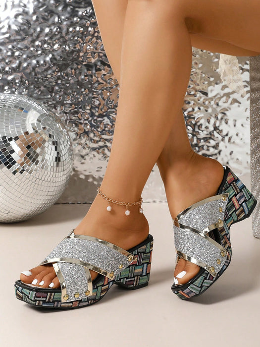 Shein Sandalias sin cordones de lona para mujer con tiras cruzadas y decoración de pedrería