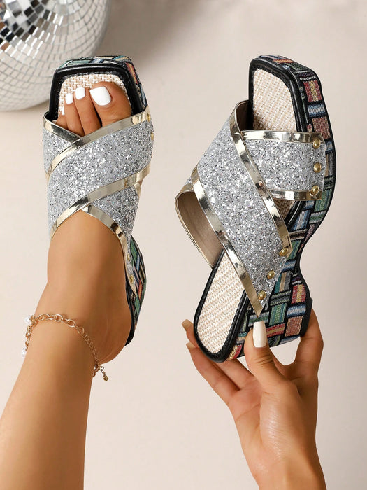 Shein Sandalias sin cordones de lona para mujer con tiras cruzadas y decoración de pedrería