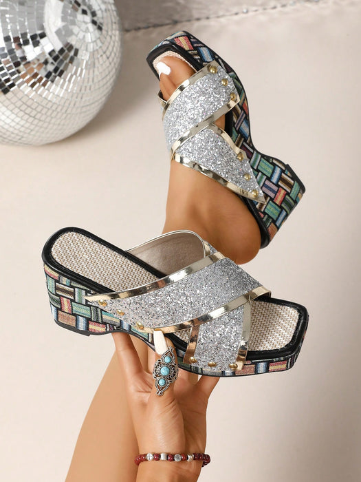 Shein Sandalias sin cordones de lona para mujer con tiras cruzadas y decoración de pedrería