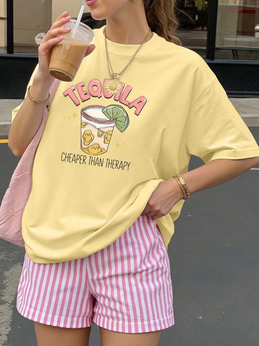 Shein Camiseta informal de manga corta con cuello redondo y estampado Juice And Letters para mujer