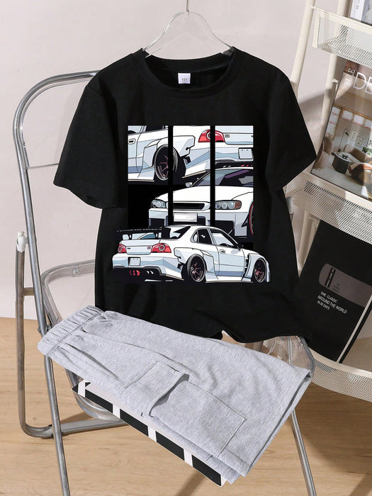Shein Conjunto de camiseta de manga corta con cuello redondo y pantalón corto para niños preadolescentes con estampado gráfico de coches