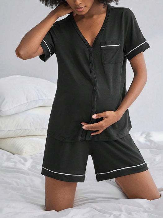 Shein Moonlight&Mama Conjunto de pijamas de lactancia de manga corta para maternidad con botones