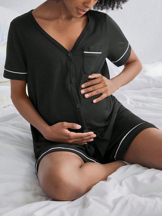 Shein Moonlight&Mama Conjunto de pijamas de lactancia de manga corta para maternidad con botones