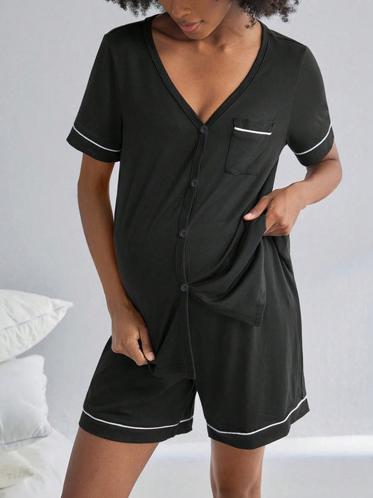 Shein Moonlight&Mama Conjunto de pijamas de lactancia de manga corta para maternidad con botones