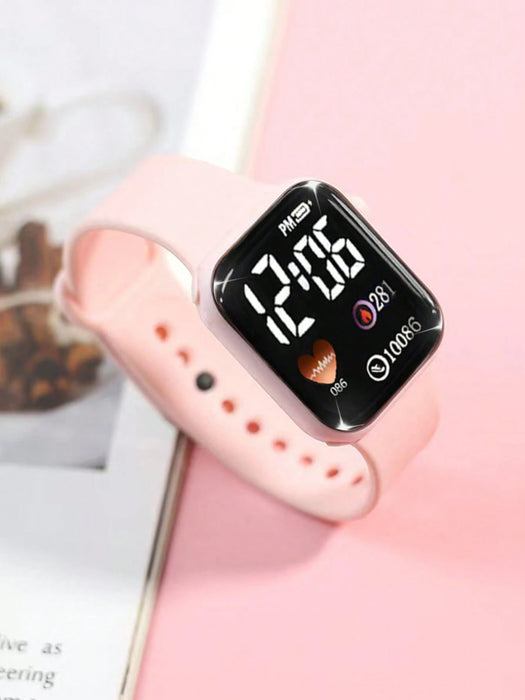 SHEIN 6 Juego elegante y lindo de reloj digital rosa y pulsera con hoja para niñas,