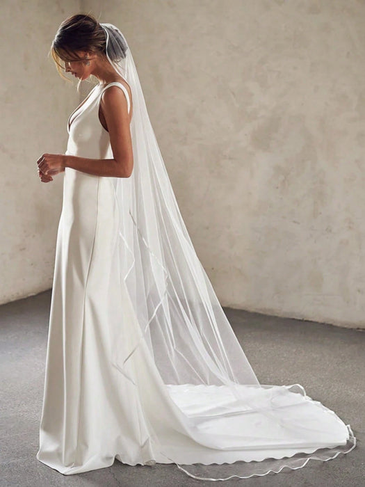 Shein 1 velo de novia estilo catedral, con borde de satén y peineta, ideal para ceremonias nupciales 300cm*160cm