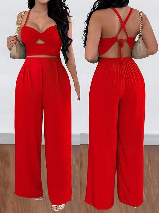 SHEIN INAWLY Conjunto sexy Pantalones anchos holgados y top con tirantes anudados en la espalda