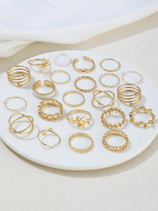 Shein Juego de 22 anillos de metal para nudillos con diseño de flores, perlas y hojas