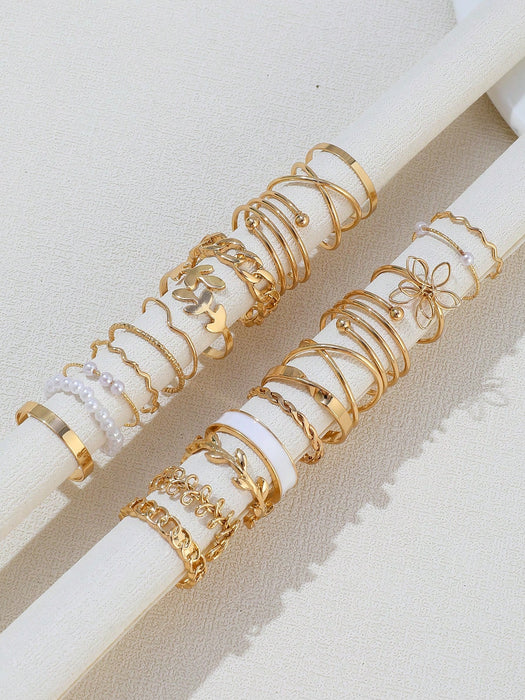 Shein Juego de 22 anillos de metal para nudillos con diseño de flores, perlas y hojas