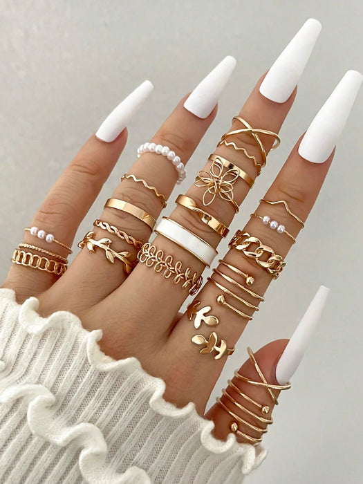 Shein Juego de 22 anillos de metal para nudillos con diseño de flores, perlas y hojas