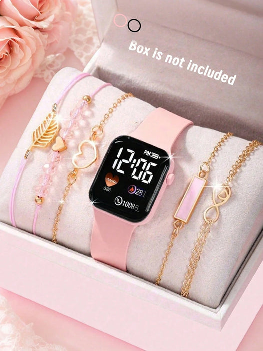 SHEIN 6 Juego elegante y lindo de reloj digital rosa y pulsera con hoja para niñas,