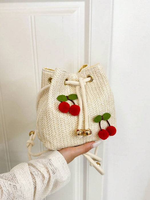 Shein Bolso de hombro/bandolera de moda con diseño de cereza, bolso de cubo con cordón