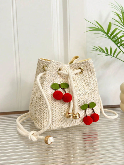 Shein Bolso de hombro/bandolera de moda con diseño de cereza, bolso de cubo con cordón