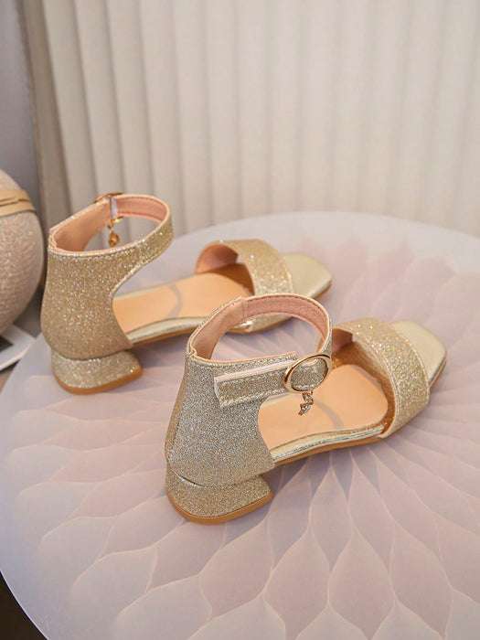 Shein Sandalias de tacón alto con punta abierta para niñas, color dorado