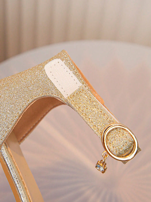 Shein Sandalias de tacón alto con punta abierta para niñas, color dorado