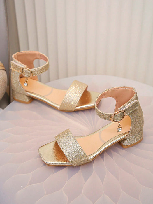 Shein Sandalias de tacón alto con punta abierta para niñas, color dorado