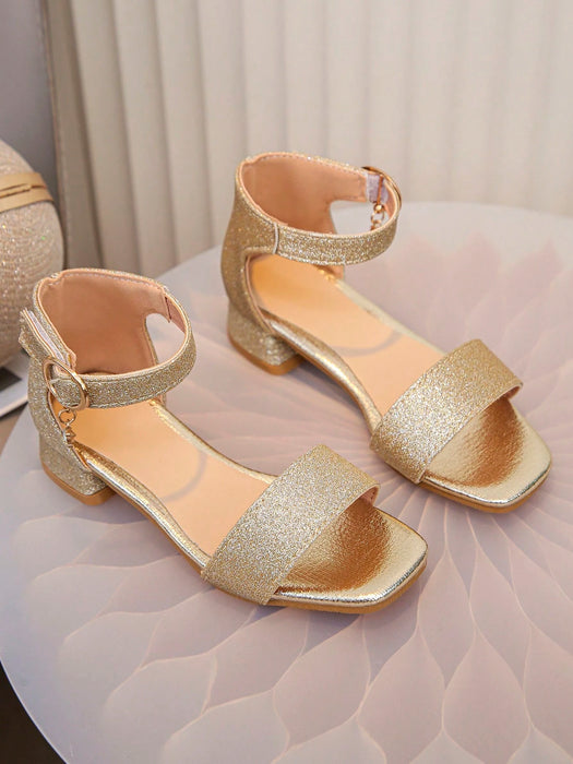 Shein Sandalias de tacón alto con punta abierta para niñas, color dorado
