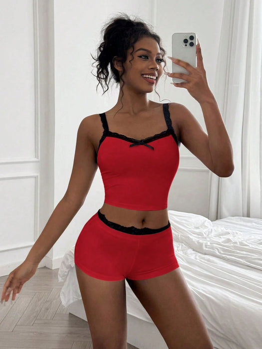 Shein Conjunto de lencería Amplova de 2 piezas: camisola con lazo decorativo y shorts mini de talle bajo