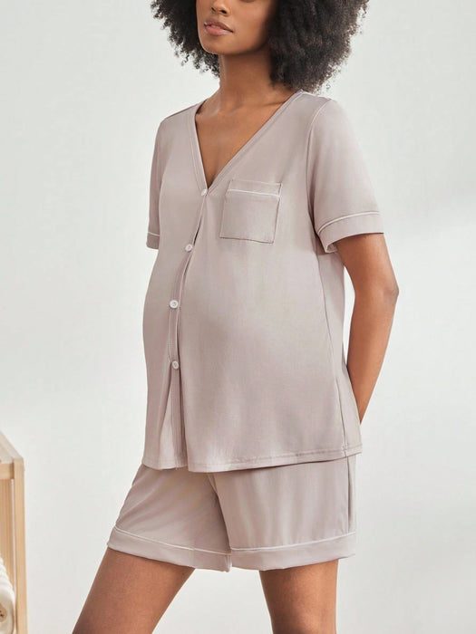 Shein Moonlight&Mama Conjunto de pijamas de lactancia de manga corta para maternidad con botones