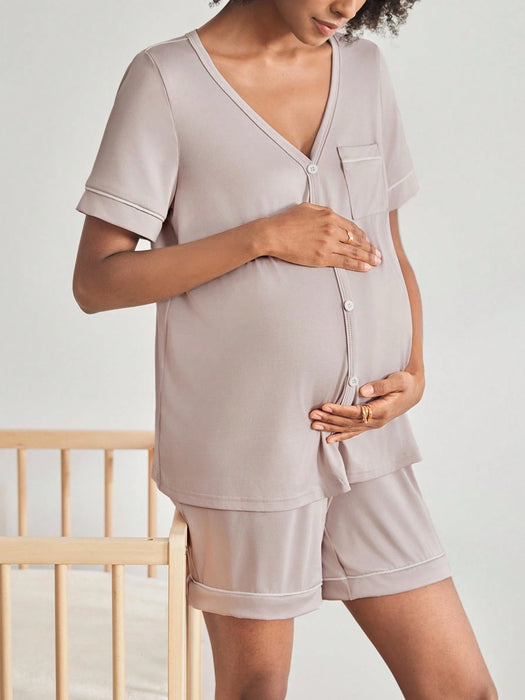 Shein Moonlight&Mama Conjunto de pijamas de lactancia de manga corta para maternidad con botones