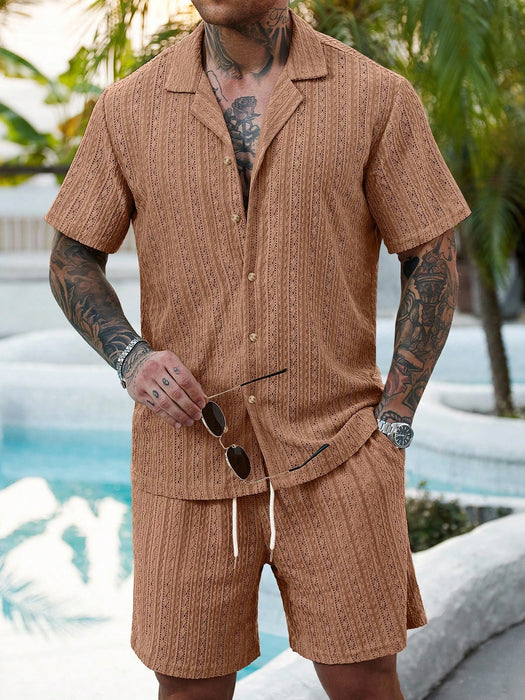 Shein Genlund Conjunto de 2 piezas para hombre camisa abotonada de color camel liso y pantalones cortos